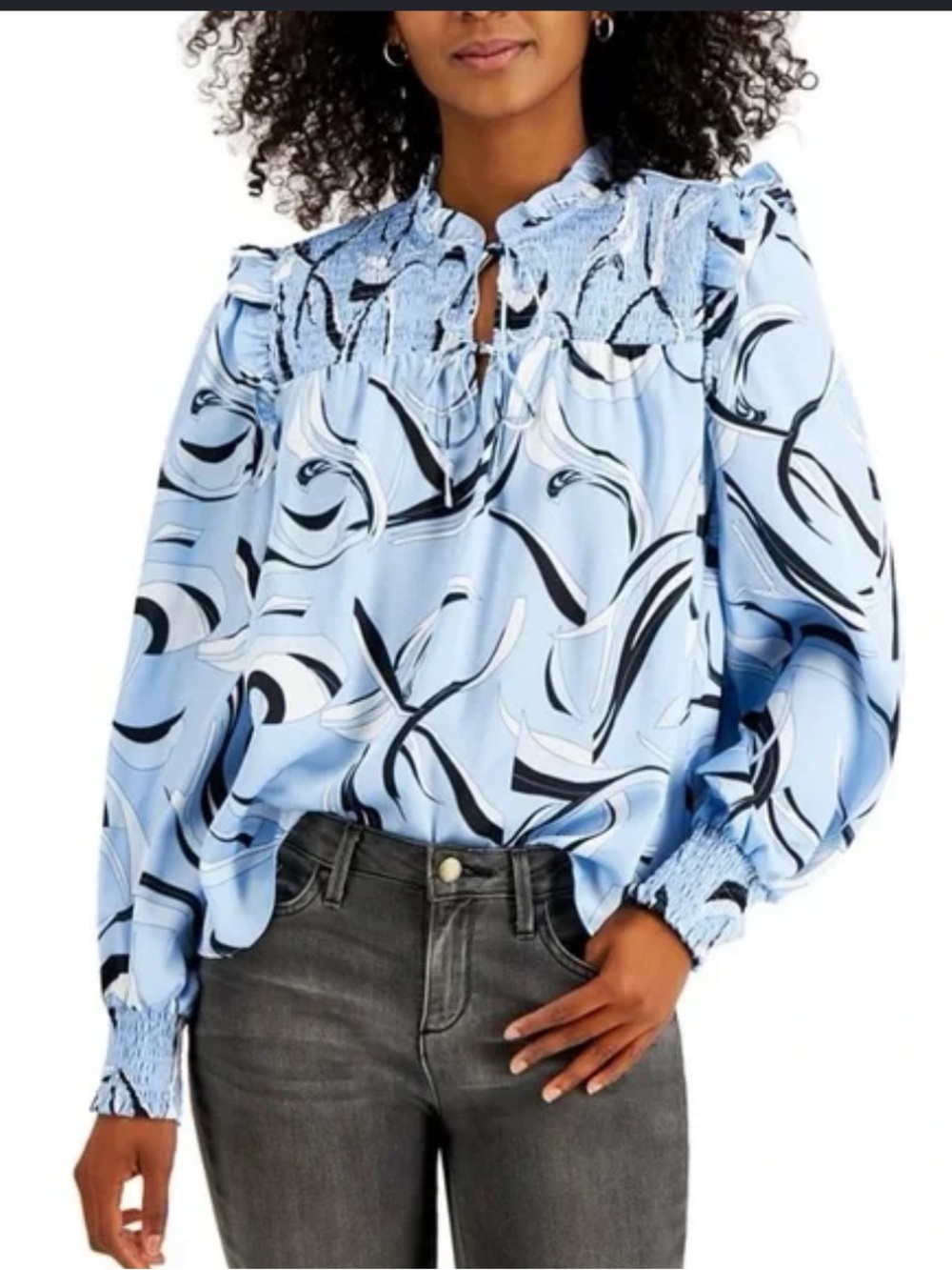 INC International Concepts Light Blue Abstract Print Smocked Yoke Blouse